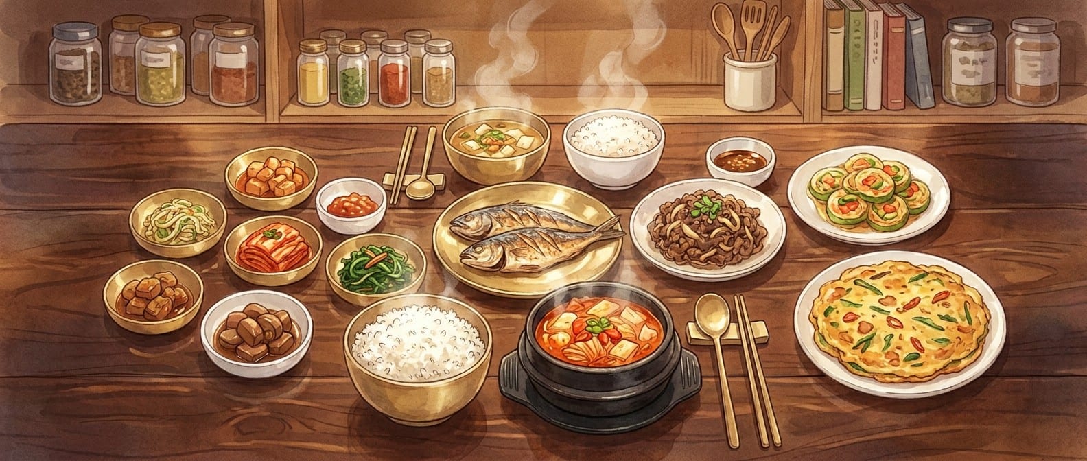 A traditional Korean table spread of rice, stew, soup, grilled fish, jeon and small banchan dishes set on a dark wooden table
